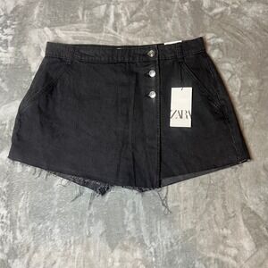 NWT Zara Black Denim Skirt Shorts XL Raw Hem Button Fly Frayed